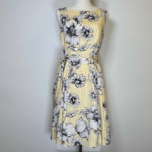 Anne Klein Floral Striped Sleeveless Dress With Pockets And Belt Women’s Size 6 - Picture 1 of 10